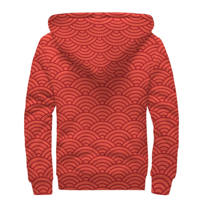 Red Chinese Pattern Print Sherpa Lined Zip Up Hoodie