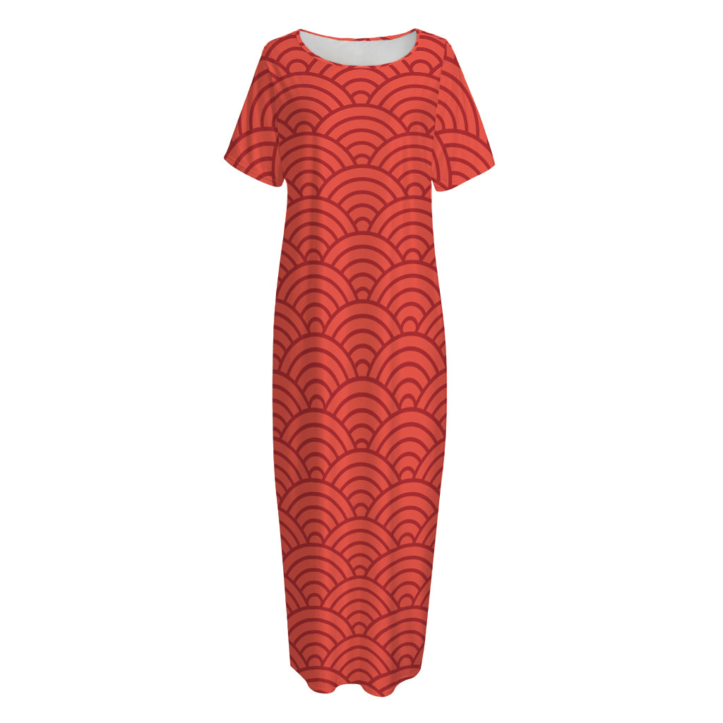 Red Chinese Pattern Print Short Sleeve Long Nightdress