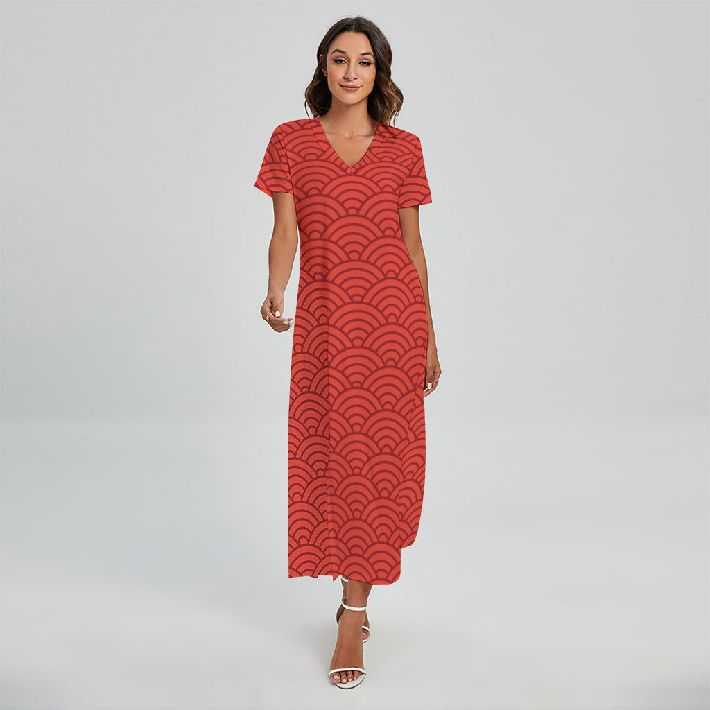 Red Chinese Pattern Print Short Sleeve Maxi Dress