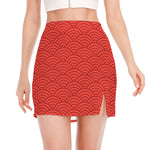 Red Chinese Pattern Print Side Slit Mini Skirt