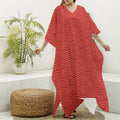 Red Chinese Pattern Print Silk V-Neck Kaftan Dress