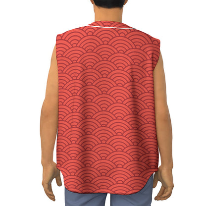 Red Chinese Pattern Print Sleeveless Baseball Jersey