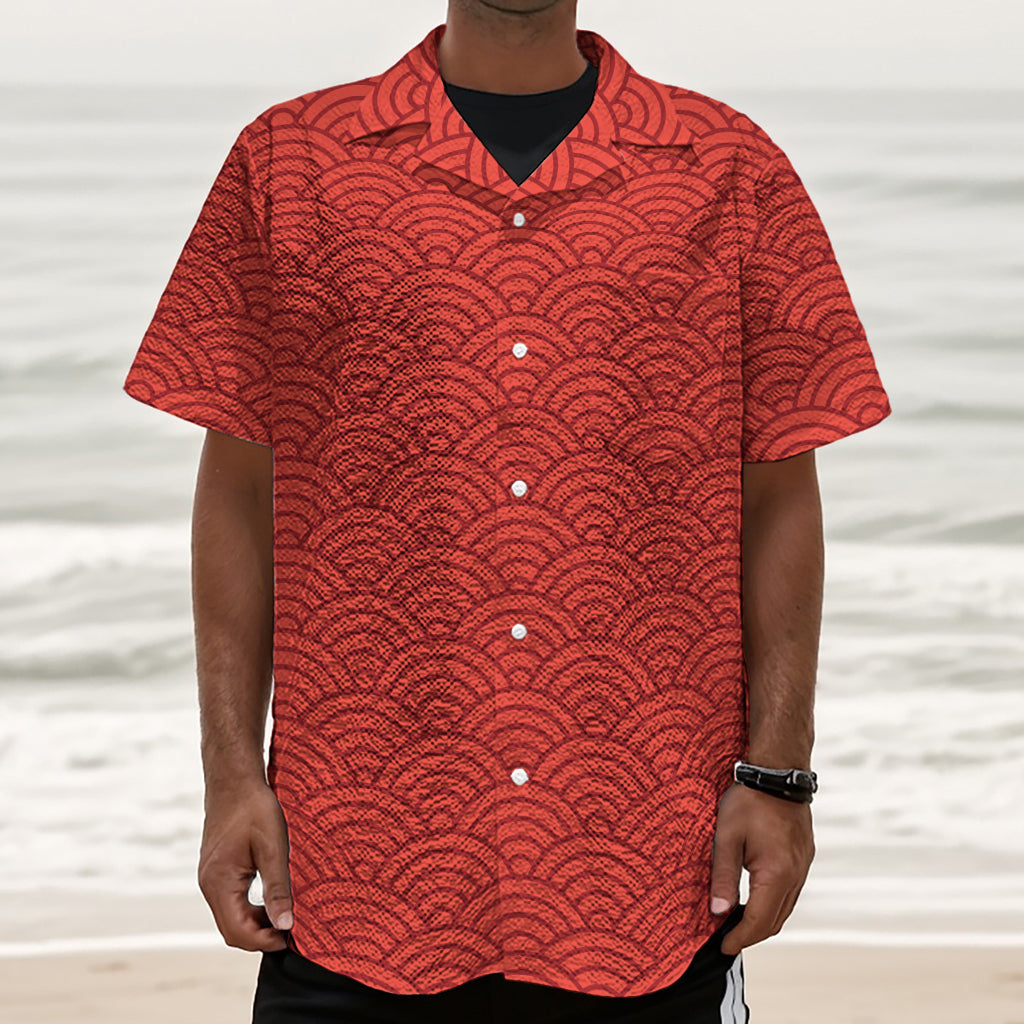 Red Chinese Pattern Print Textured Short Sleeve Shirt