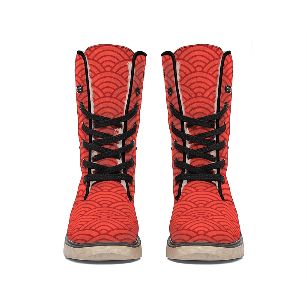 Red Chinese Pattern Print Winter Boots