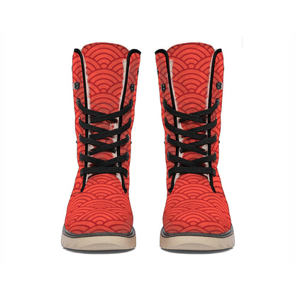 Red Chinese Pattern Print Winter Boots
