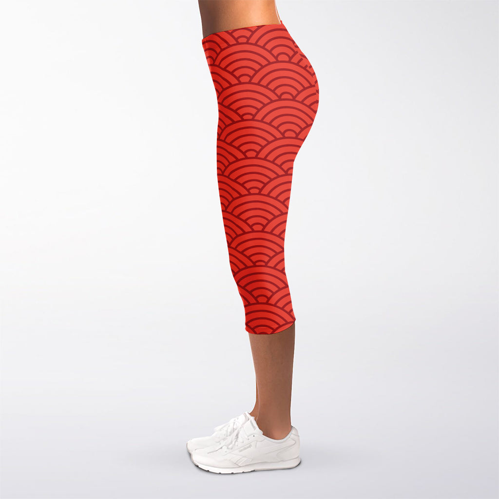 Red Chinese Pattern Print Women's Capri Leggings