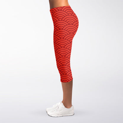 Red Chinese Pattern Print Women's Capri Leggings