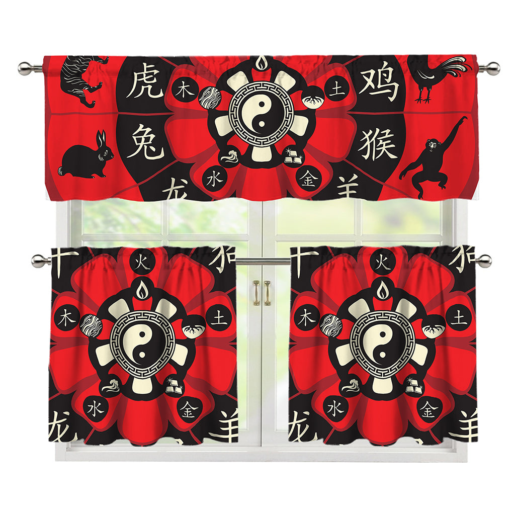 Red Chinese Zodiac Wheel Print 3 Piece Kitchen Curtains