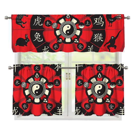 Red Chinese Zodiac Wheel Print 3 Piece Kitchen Curtains