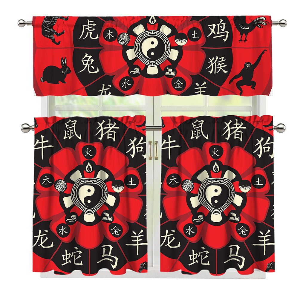 Red Chinese Zodiac Wheel Print 3 Piece Kitchen Curtains