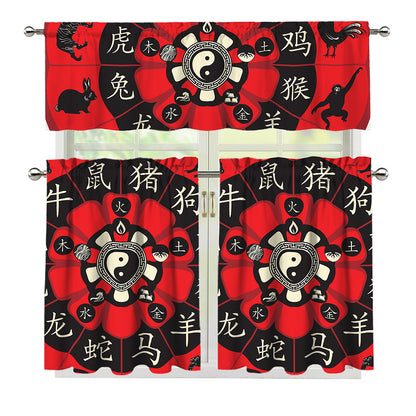 Red Chinese Zodiac Wheel Print 3 Piece Kitchen Curtains