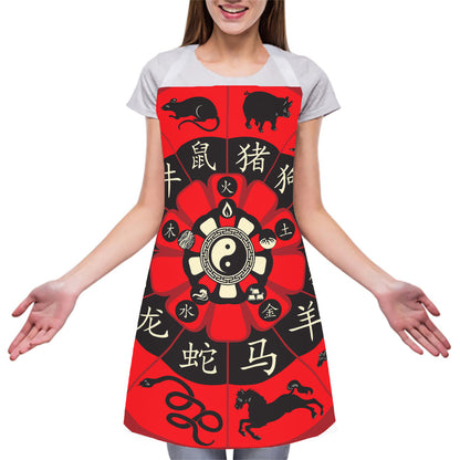Red Chinese Zodiac Wheel Print Adjustable Apron