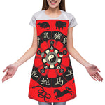 Red Chinese Zodiac Wheel Print Adjustable Apron