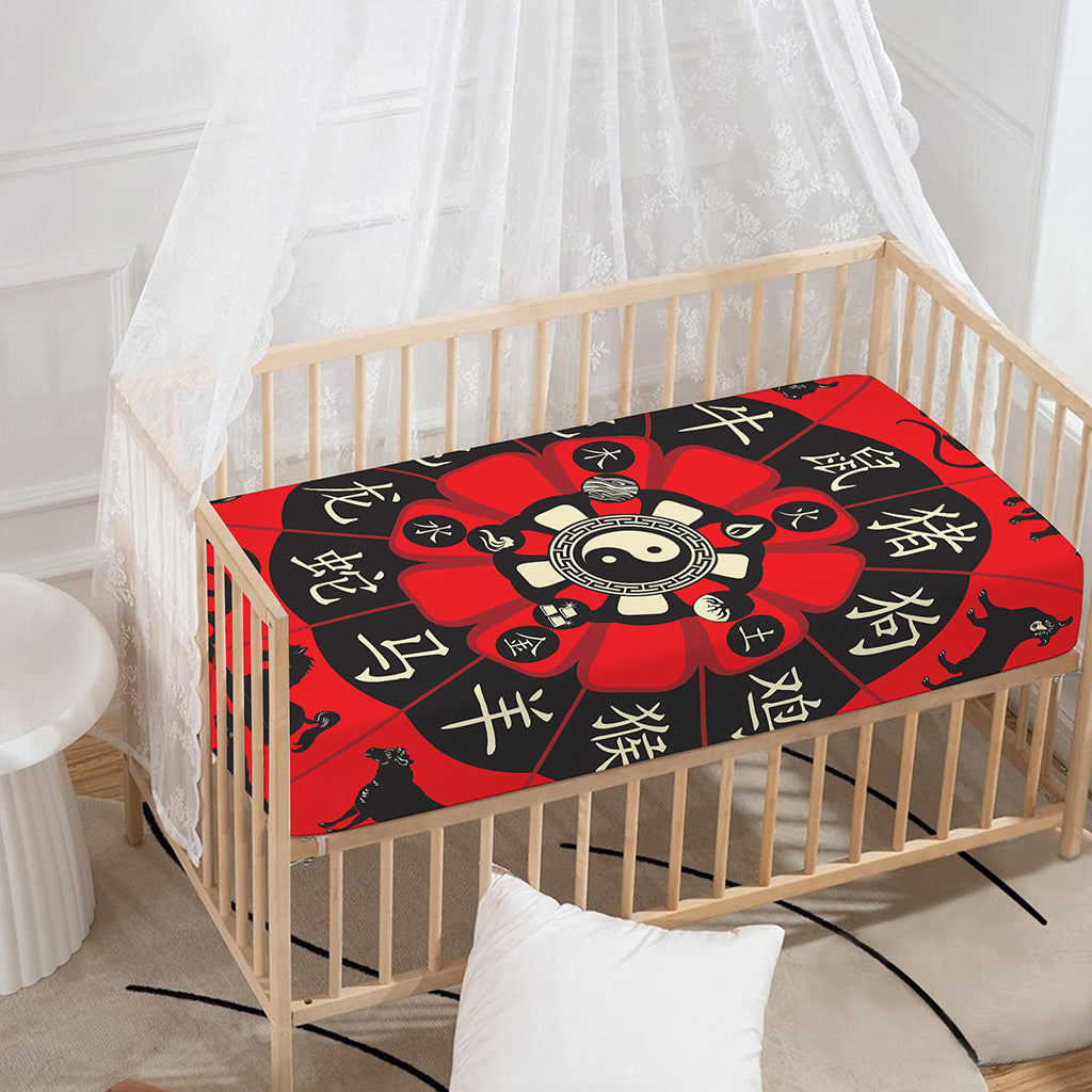 Red Chinese Zodiac Wheel Print Baby Crib Sheet