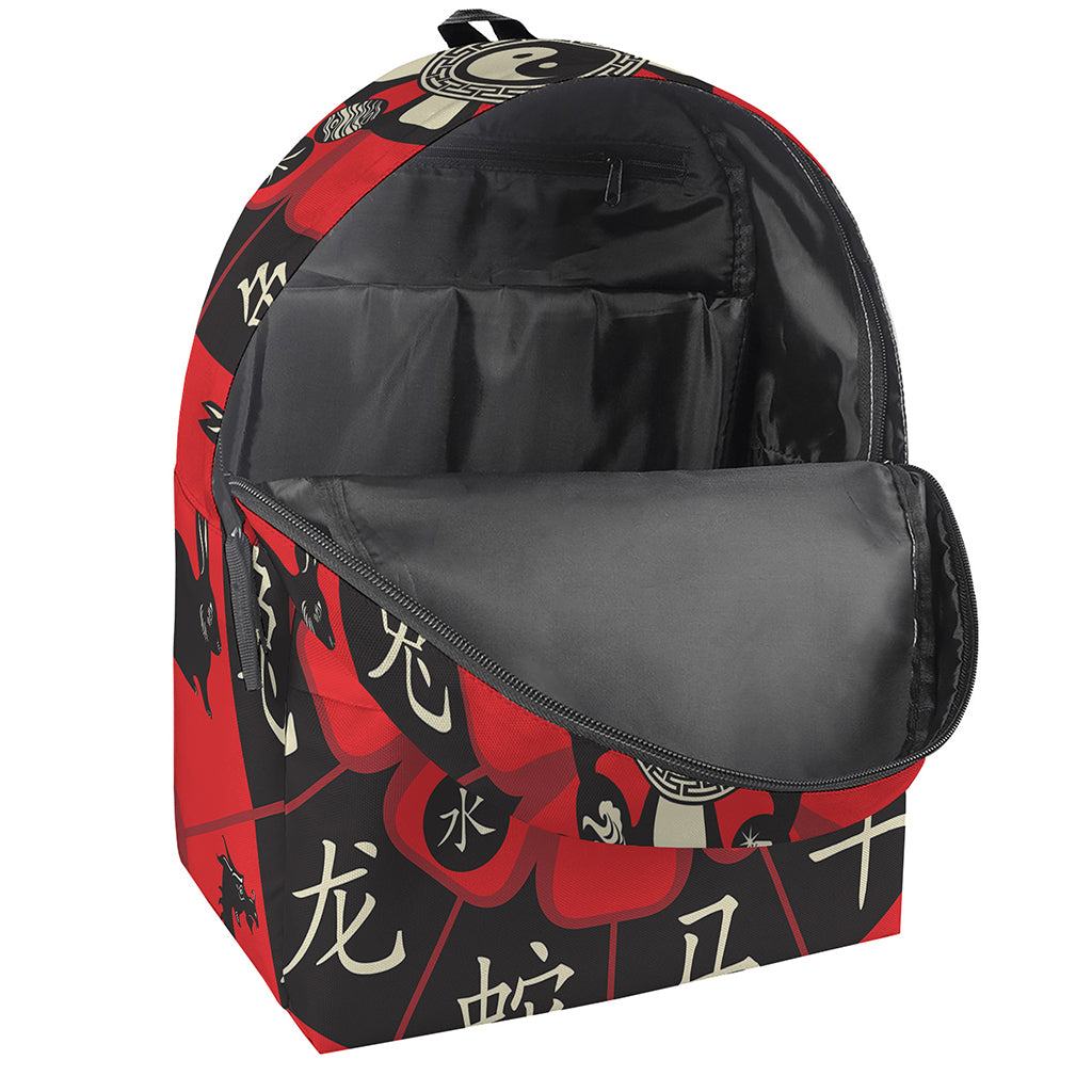 Red Chinese Zodiac Wheel Print Backpack