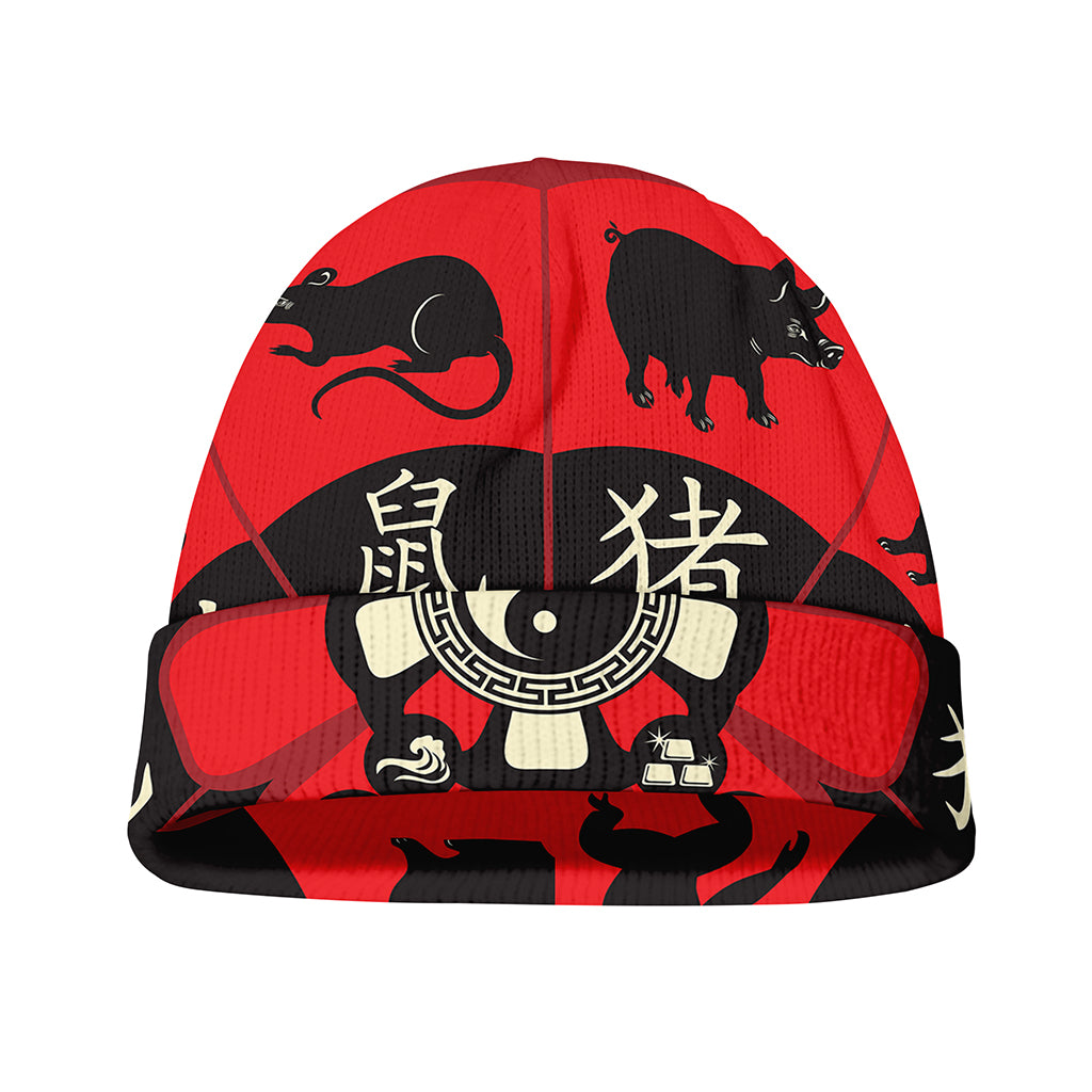 Red Chinese Zodiac Wheel Print Beanie