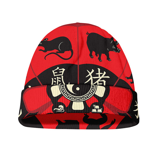 Red Chinese Zodiac Wheel Print Beanie