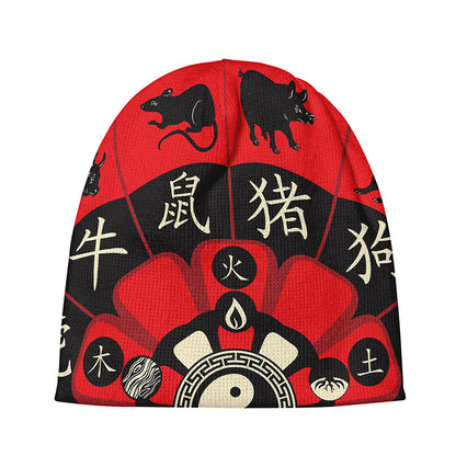 Red Chinese Zodiac Wheel Print Beanie