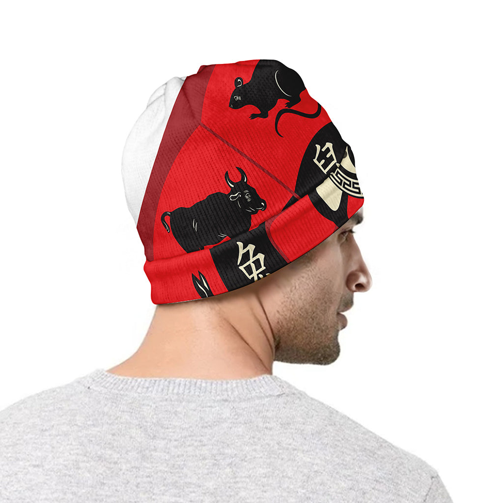 Red Chinese Zodiac Wheel Print Beanie