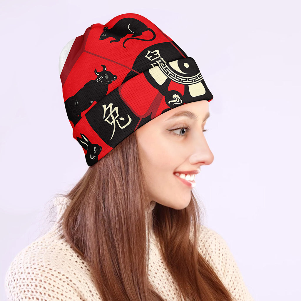 Red Chinese Zodiac Wheel Print Beanie