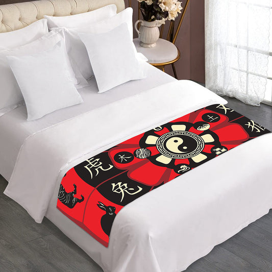 Red Chinese Zodiac Wheel Print Bed Runner