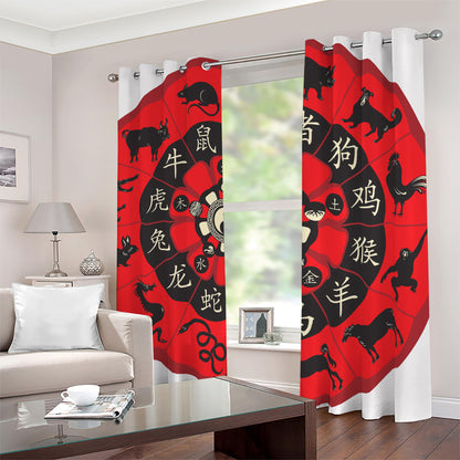 Red Chinese Zodiac Wheel Print Blackout Grommet Curtains