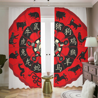 Red Chinese Zodiac Wheel Print Blackout Pencil Pleat Curtains