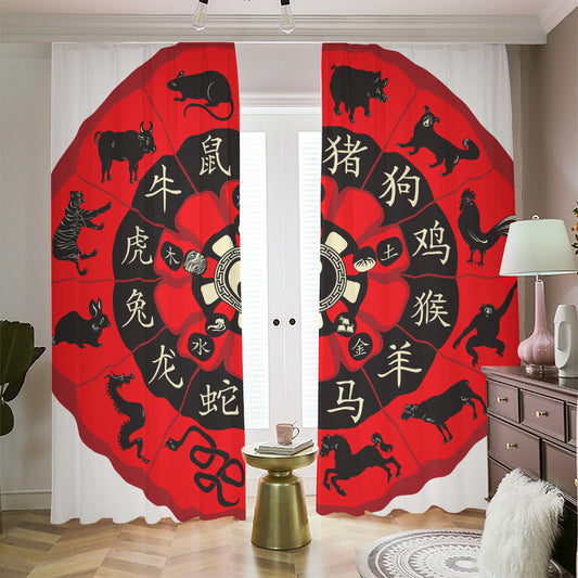 Red Chinese Zodiac Wheel Print Blackout Pencil Pleat Curtains