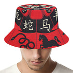 Red Chinese Zodiac Wheel Print Bucket Hat