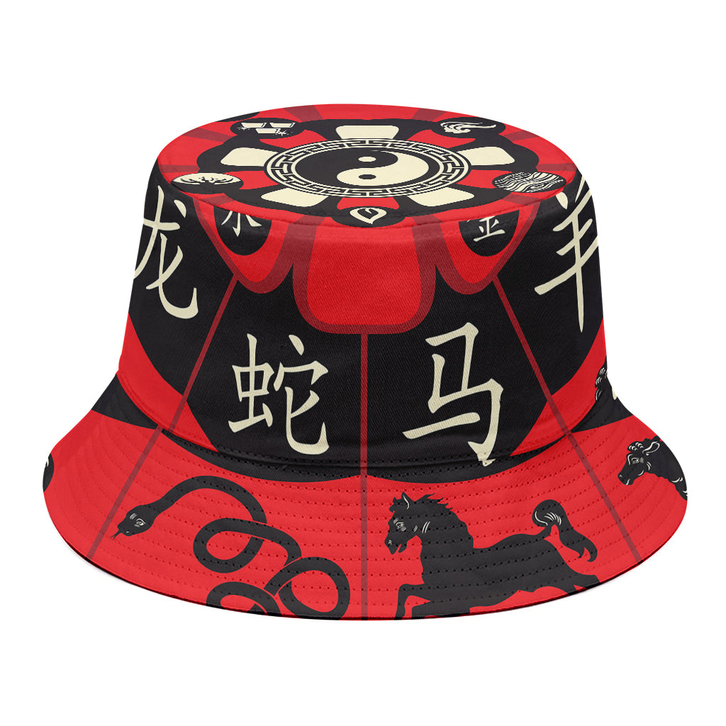 Red Chinese Zodiac Wheel Print Bucket Hat