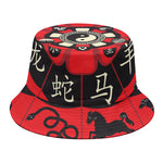 Red Chinese Zodiac Wheel Print Bucket Hat