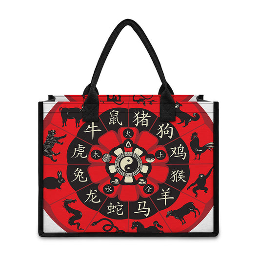 Red Chinese Zodiac Wheel Print Canvas Tote Bag