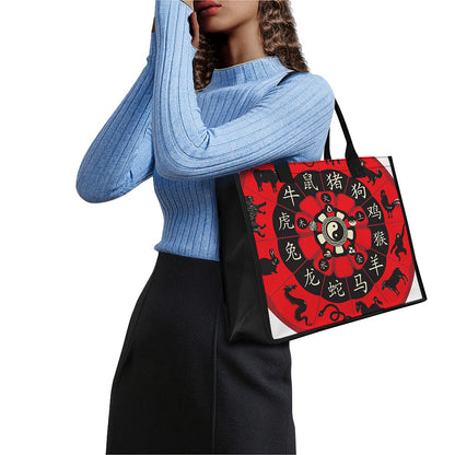 Red Chinese Zodiac Wheel Print Canvas Tote Bag