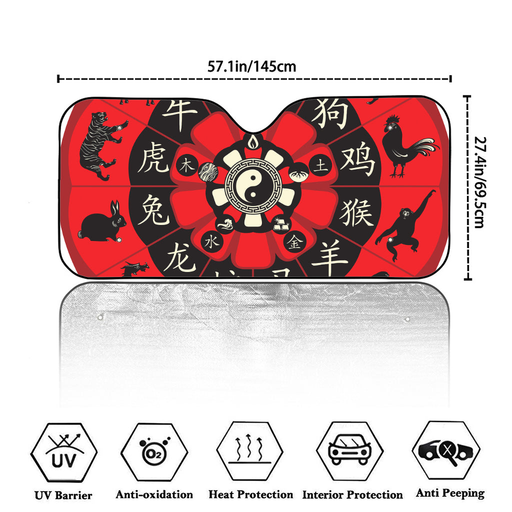 Red Chinese Zodiac Wheel Print Car Windshield Sun Shade