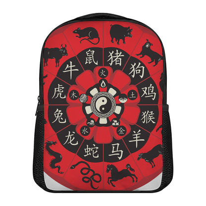 Red Chinese Zodiac Wheel Print Casual Backpack