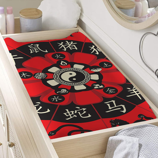 Red Chinese Zodiac Wheel Print Changing Pad Cover