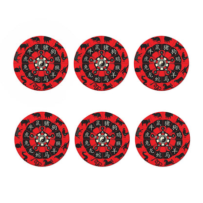 Red Chinese Zodiac Wheel Print Coaster Set