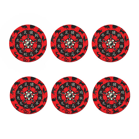 Red Chinese Zodiac Wheel Print Coaster Set