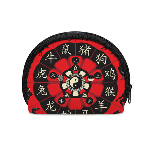 Red Chinese Zodiac Wheel Print Coin Purse