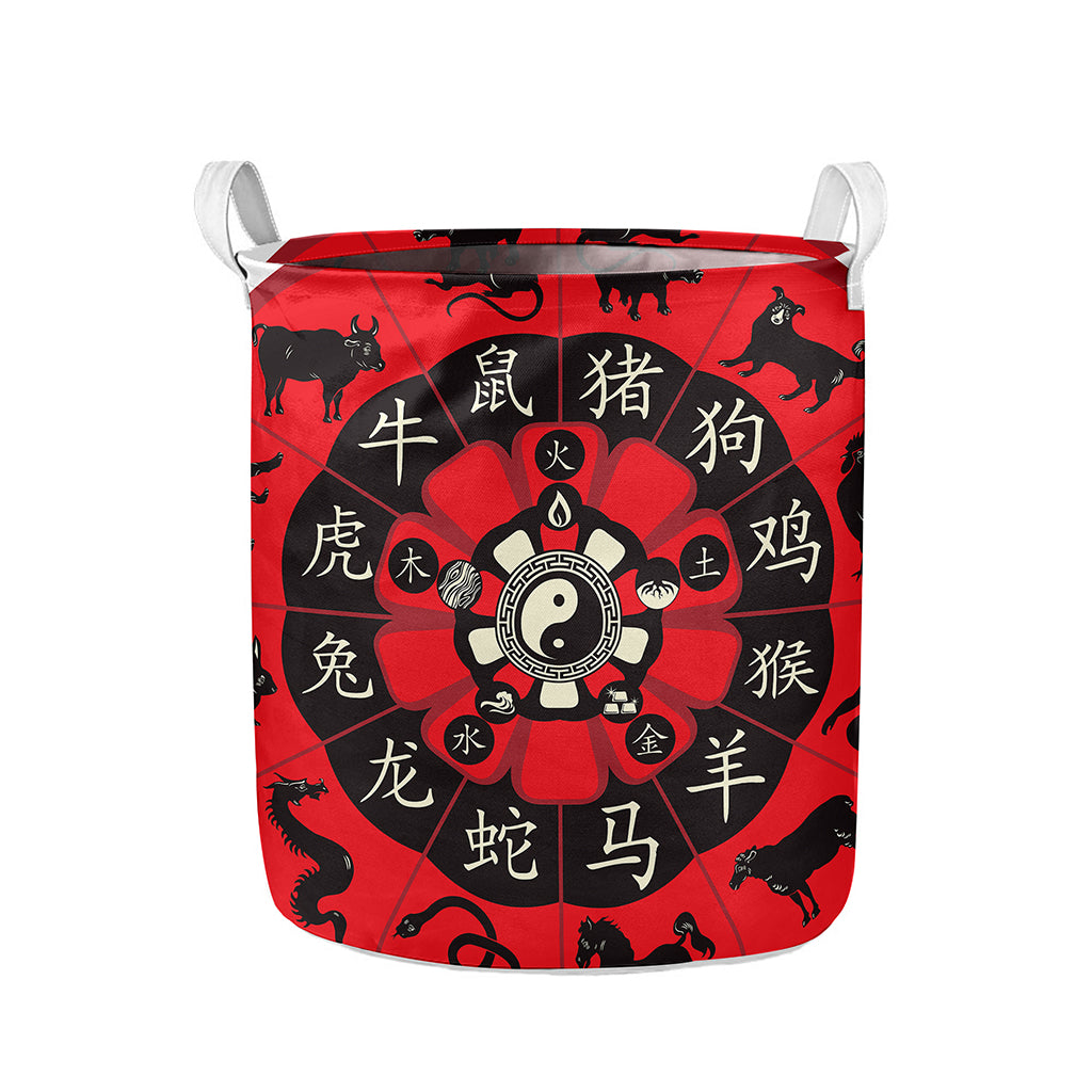 Red Chinese Zodiac Wheel Print Collapsible Laundry Basket