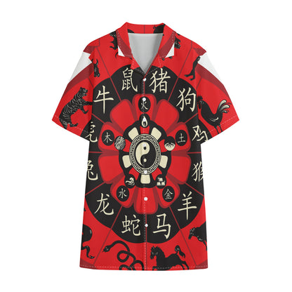 Red Chinese Zodiac Wheel Print Cotton Hawaiian Shirt