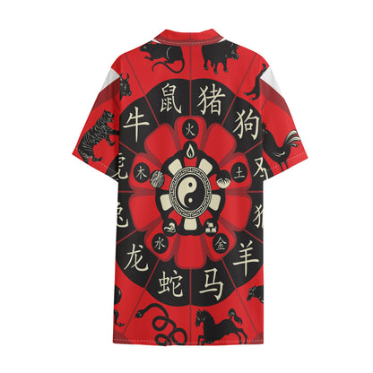 Red Chinese Zodiac Wheel Print Cotton Hawaiian Shirt