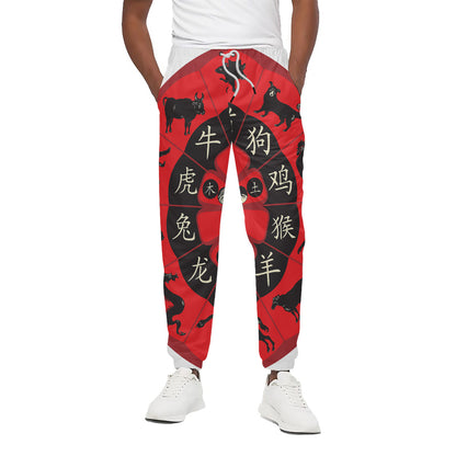 Red Chinese Zodiac Wheel Print Cotton Pants