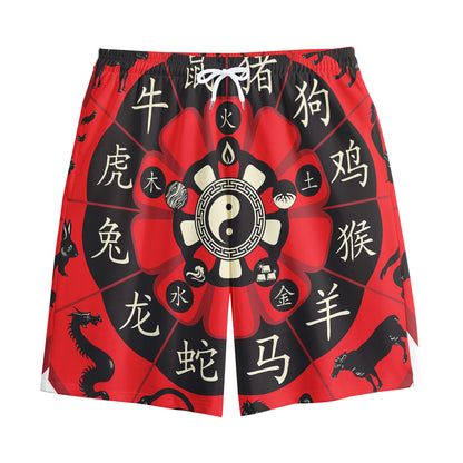 Red Chinese Zodiac Wheel Print Cotton Shorts