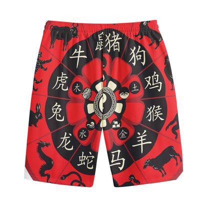 Red Chinese Zodiac Wheel Print Cotton Shorts