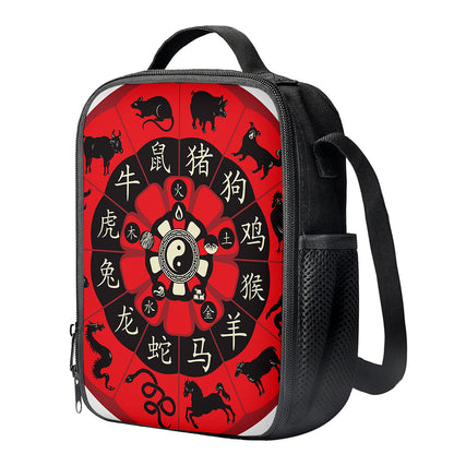 Red Chinese Zodiac Wheel Print Crossbody Lunch Bag