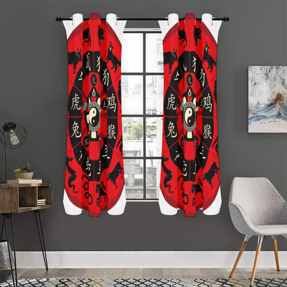 Red Chinese Zodiac Wheel Print Curtain