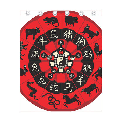 Red Chinese Zodiac Wheel Print Curtain