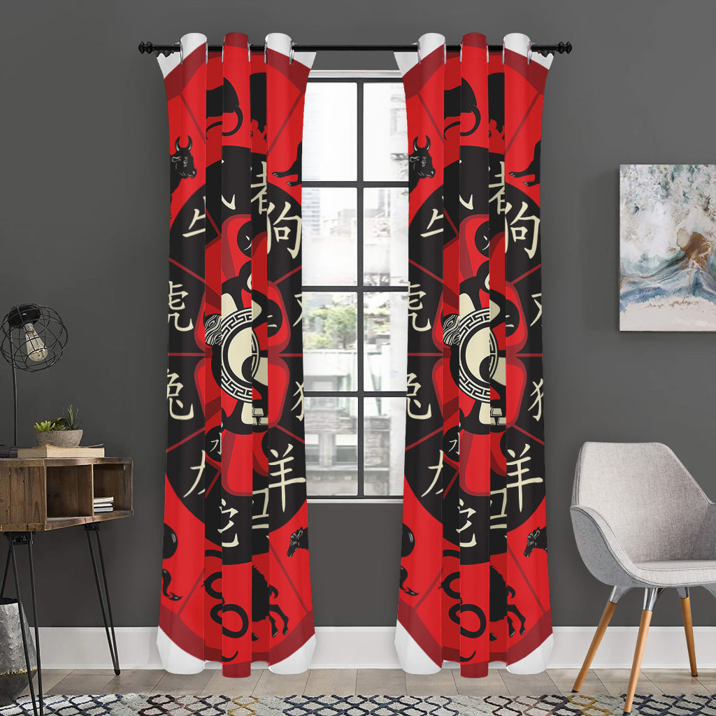 Red Chinese Zodiac Wheel Print Curtain