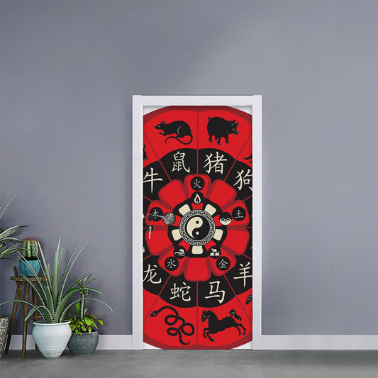 Red Chinese Zodiac Wheel Print Door Sticker